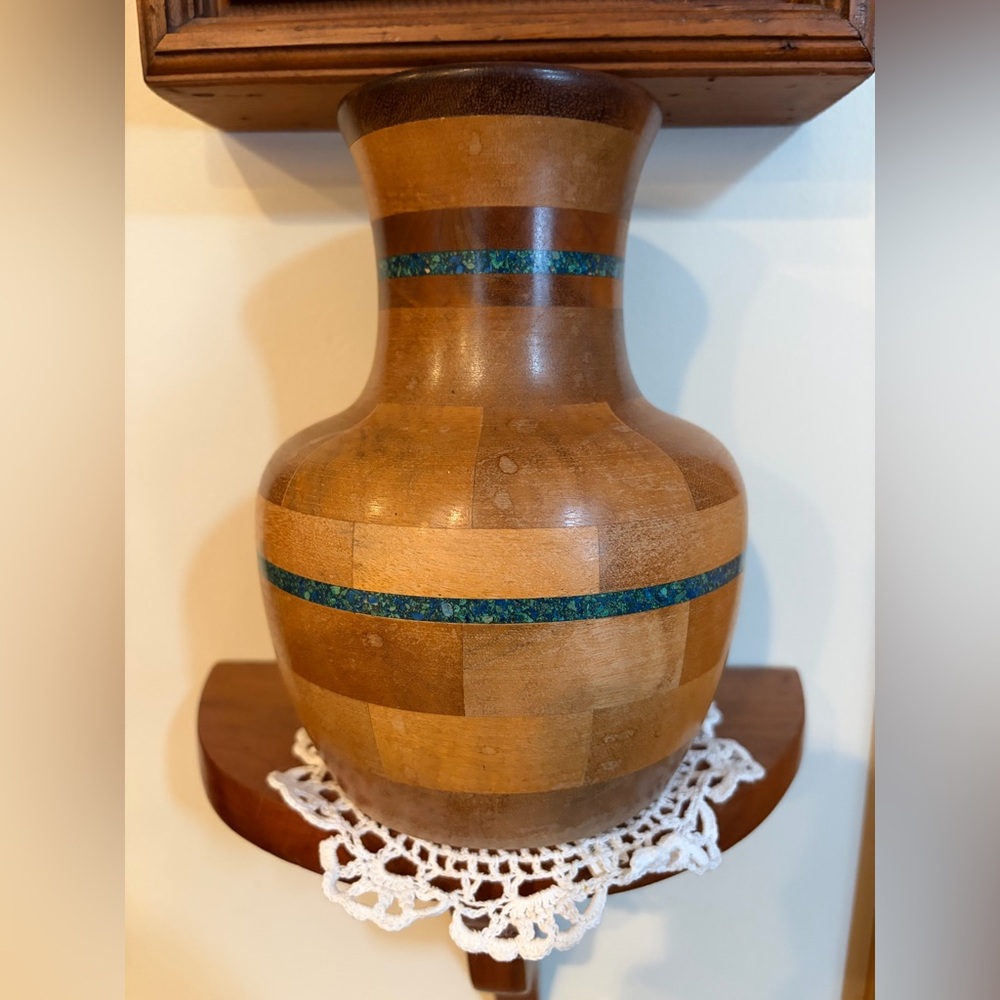Handcrafted Wooden Vase with Teal Accents